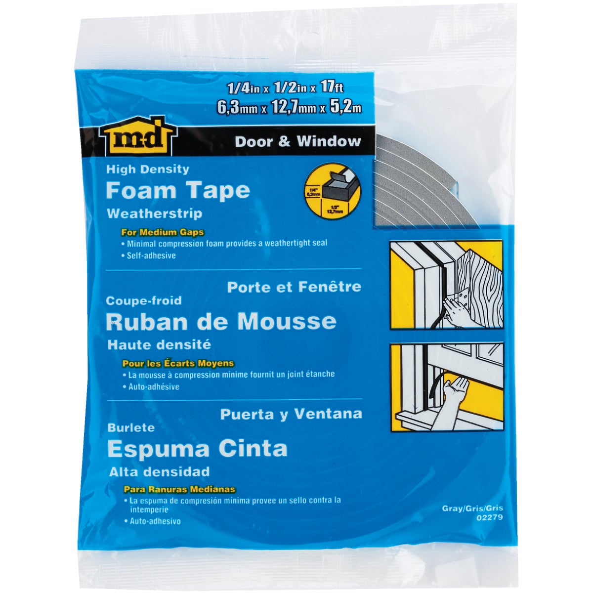 M-D 1/2" W x 1/4" T x 17' L Gray Foam Closed Cell Weatherstrip Tape