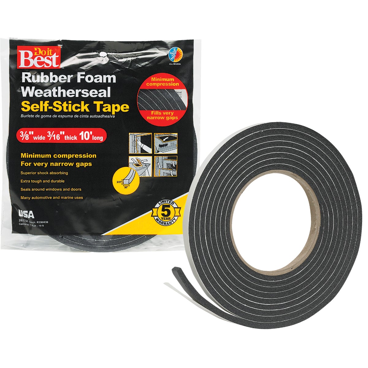 Do it Best 3/8" W x 3/16 "T x 10' L Black Foam Weatherstrip Tape