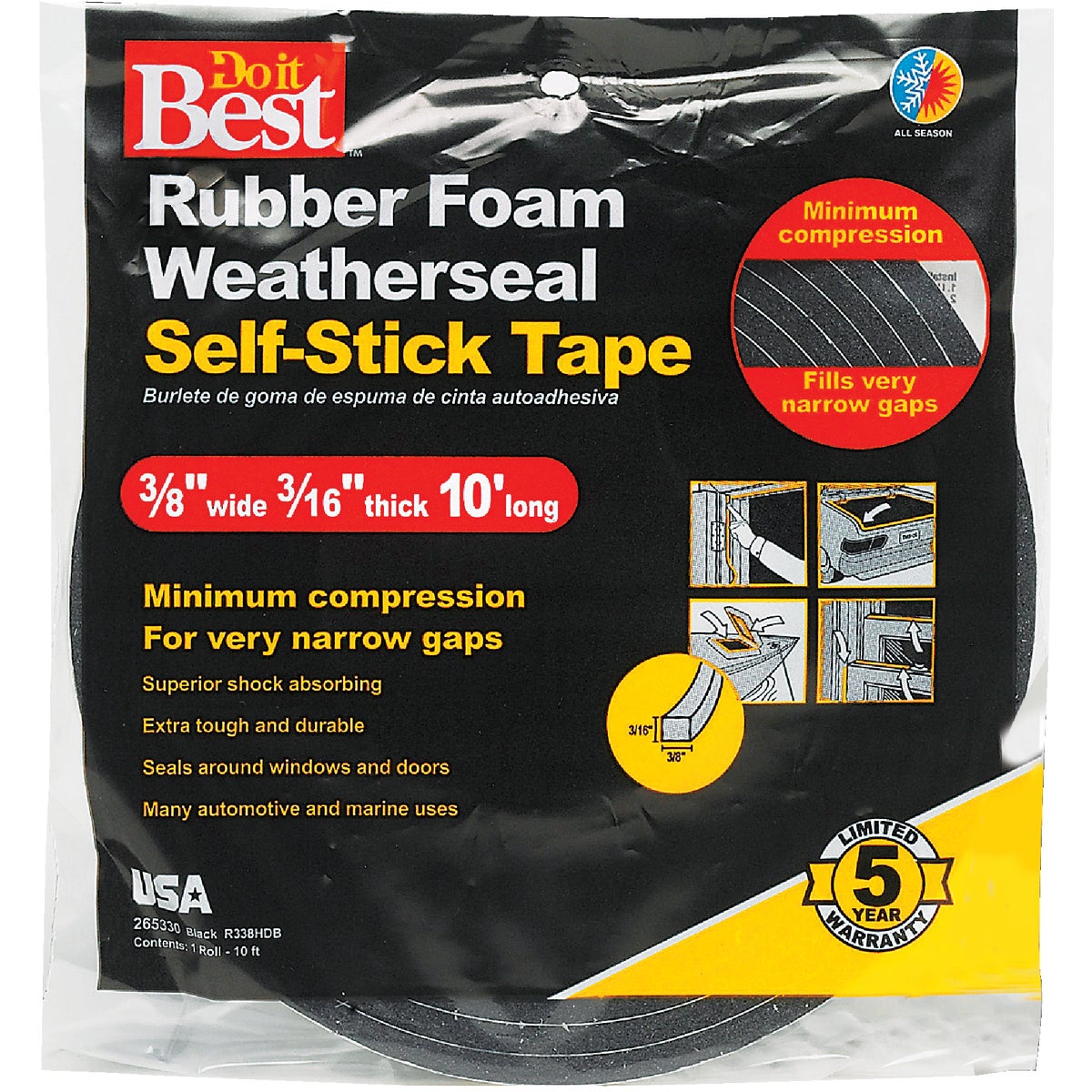 Do it Best 3/8" W x 3/16 "T x 10' L Black Foam Weatherstrip Tape