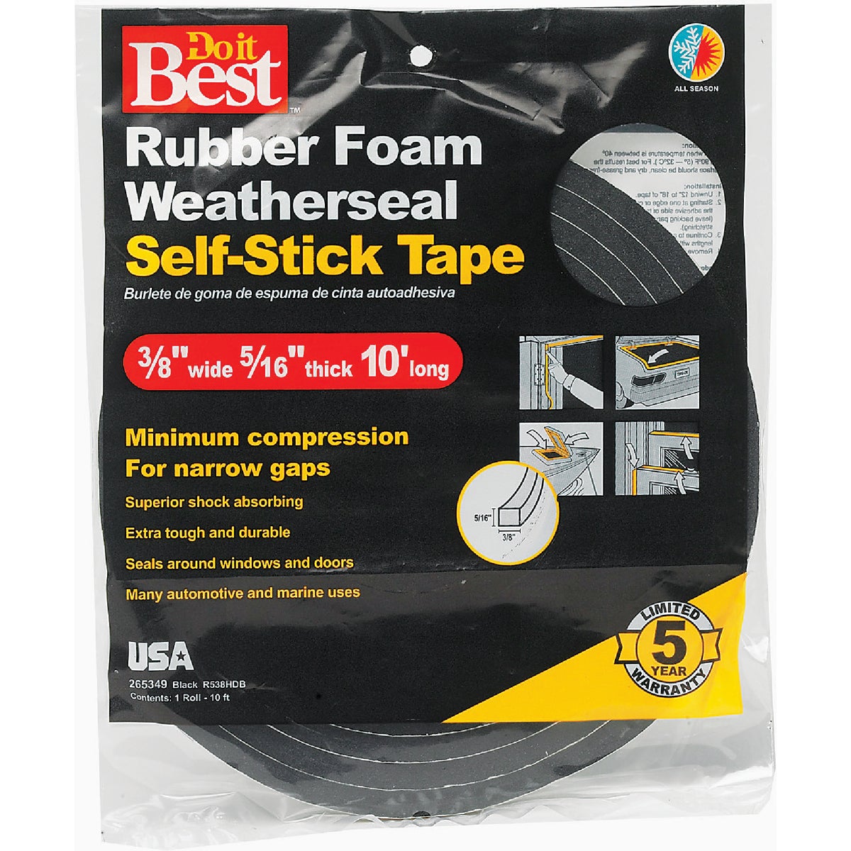 Do it Best 3/8" W x 5/16" T x 10' L Black Foam Weatherstrip Tape