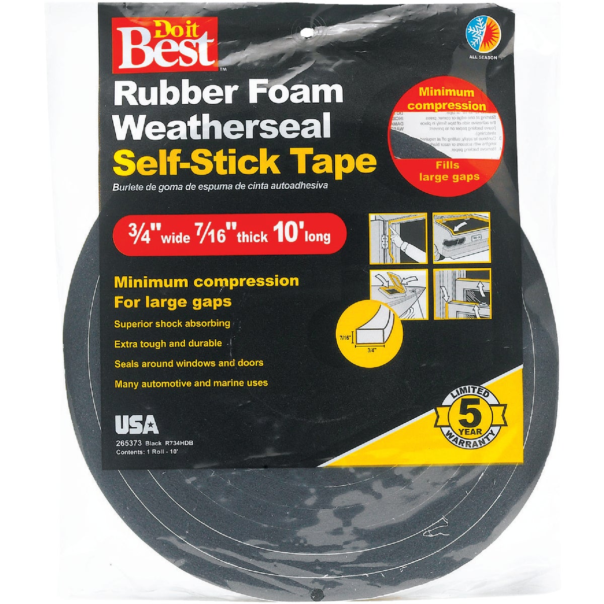 Do it Best 3/4" W x 7/16" T x 10 'L Black Foam Weatherstrip Tape