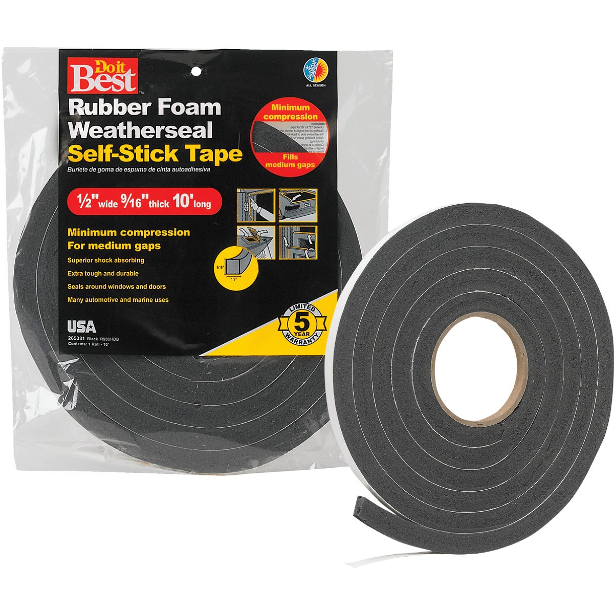 Do it Best 1/2" W x 9/16" T x 10' L Black Foam Weatherstrip Tape