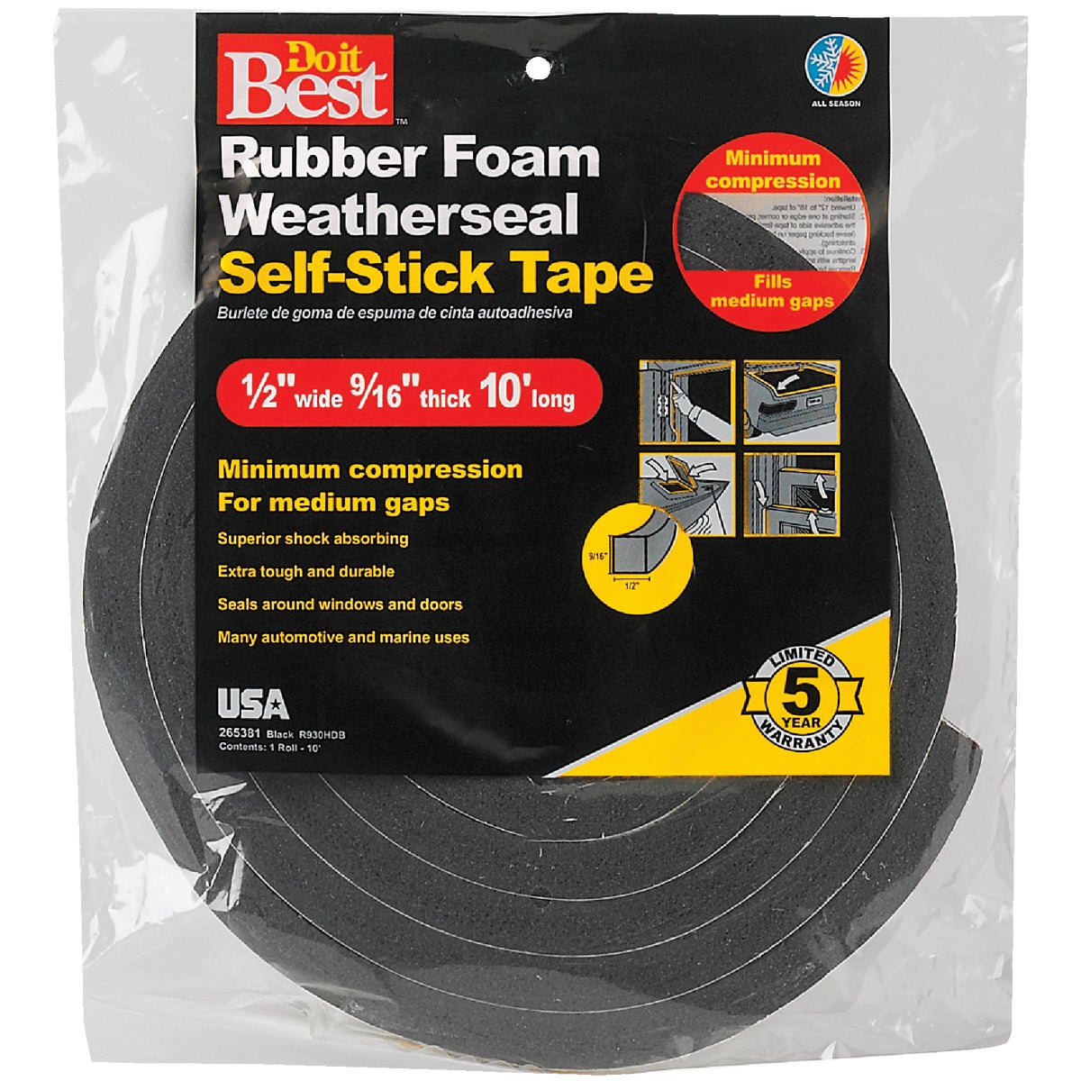 Do it Best 1/2" W x 9/16" T x 10' L Black Foam Weatherstrip Tape