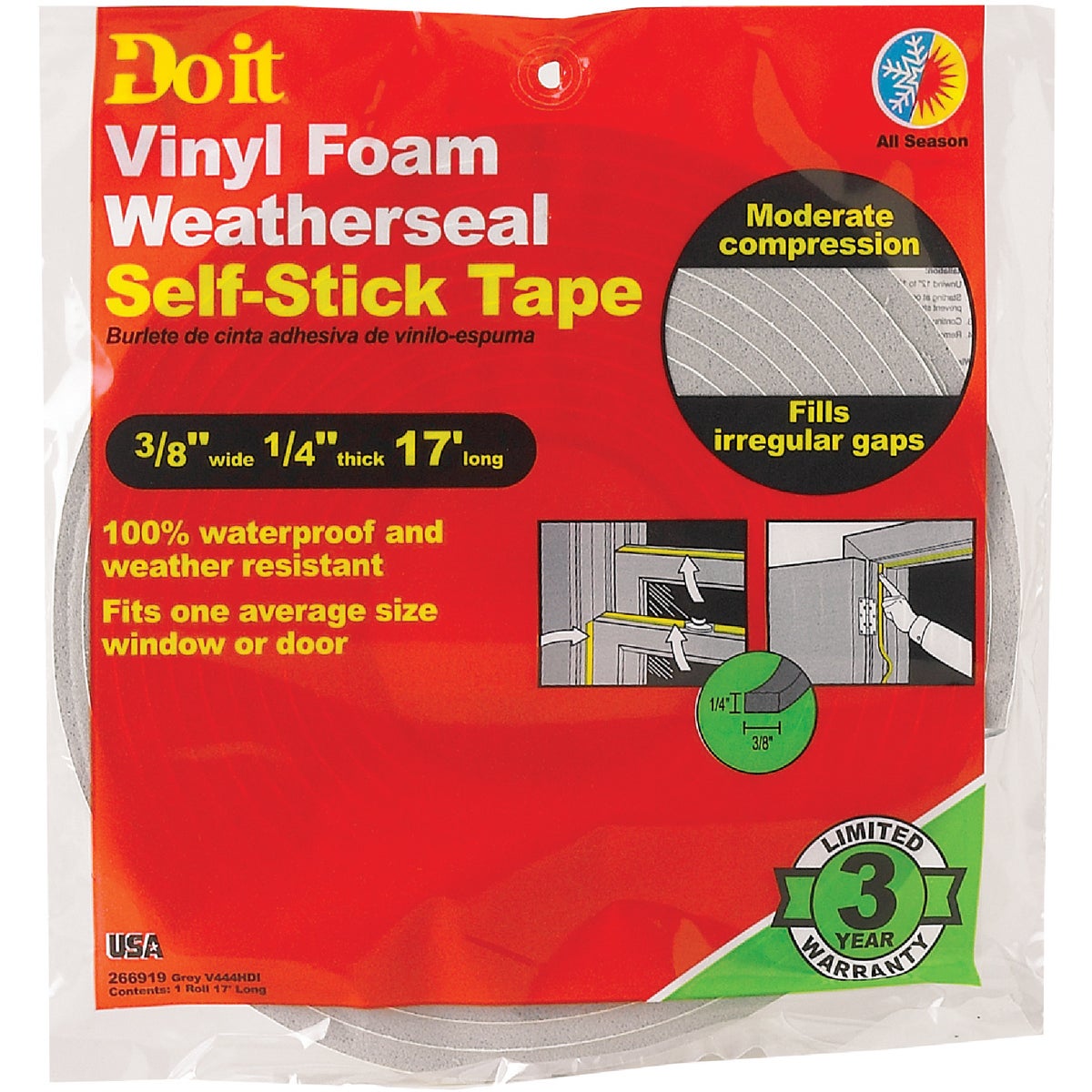 Do it 3/8" W x 1/4"T x 17' L Gray Foam Weatherstrip Tape