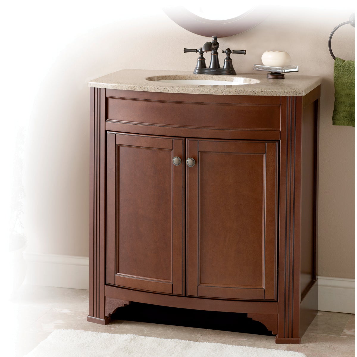 Continental Cabinets Duvall Cafe Black Glaze 30-3/4 In. W x 34-3/4 In. H x 18-1/2 In. D Vanity with Tan/Wht Cultured Marble Top