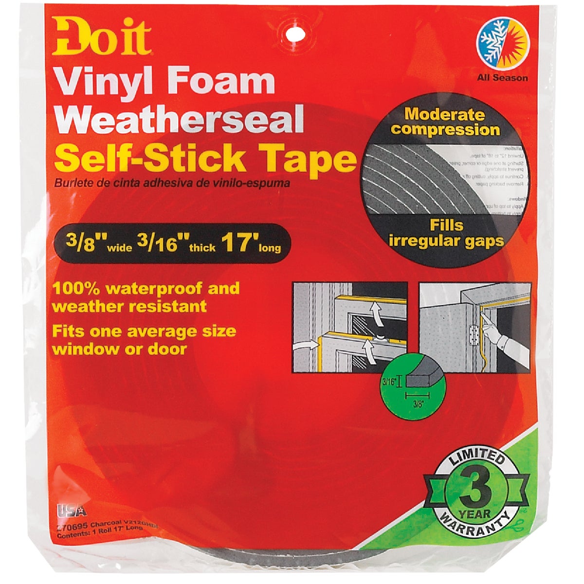 Do it Best 3/8" W x 3/16" T x 17' L Charcoal Foam Weatherstrip Tape