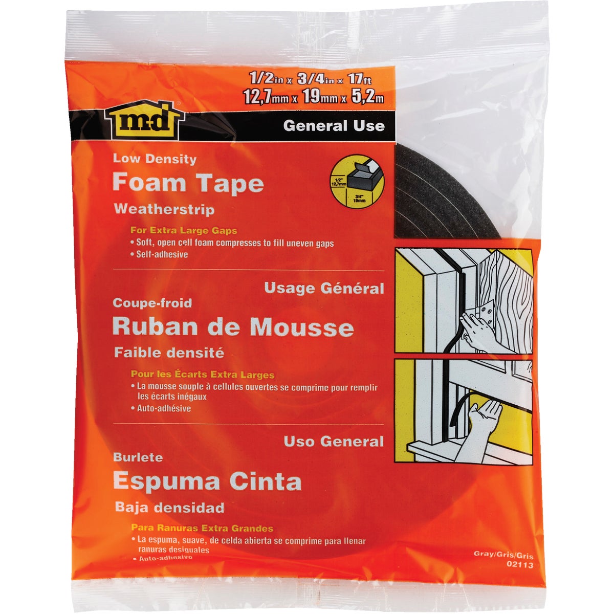 M-D 3/4" W x 1/2" T x 17' L Gray Foam Weatherstrip Tape