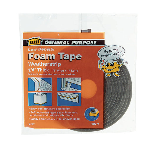 M-D 1/2" W x 1/4" T x 17' L Gray Foam Open Cell Weatherstrip Tape