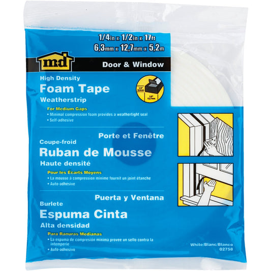 M-D 1/2" W x 1/4" T x 17' L White Foam Weatherstrip Tape