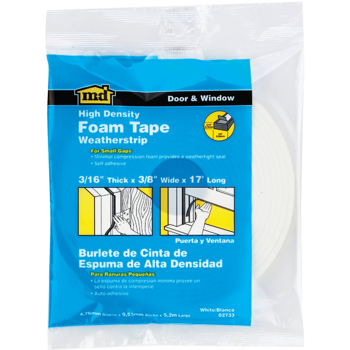 M-D 3/8" W x 3/16" T x 17' L White Foam Weatherstrip Tape