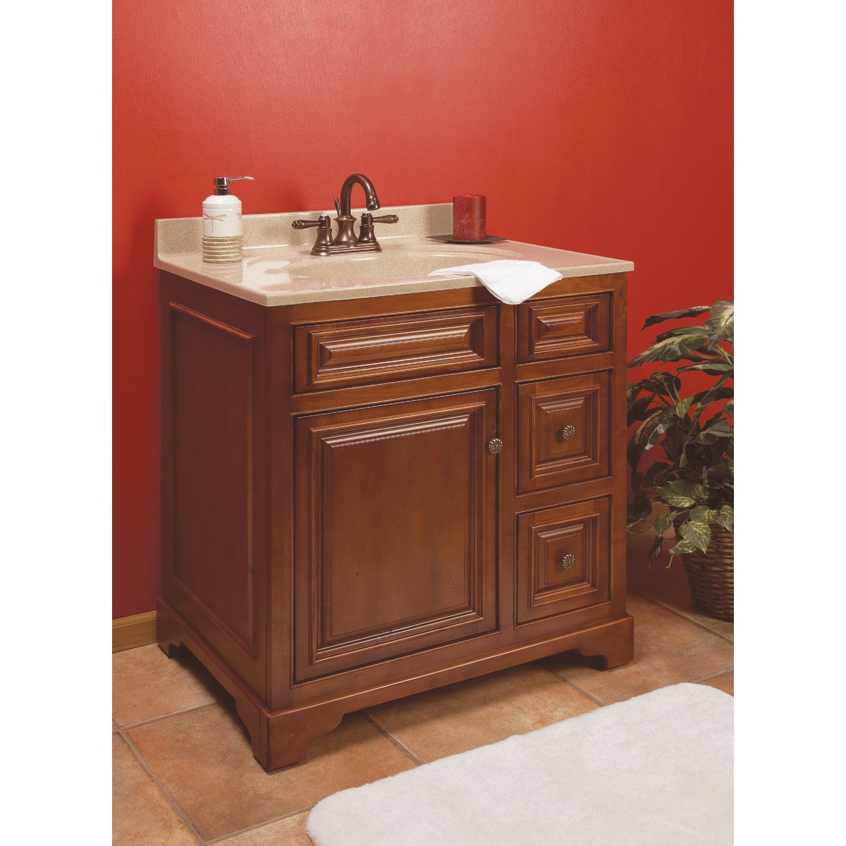 Sunny Wood Cambrian Cherry 30 In. W x 34 In. H x 21-1/2 In. D Vanity Base, 1 Door/2 Drawer