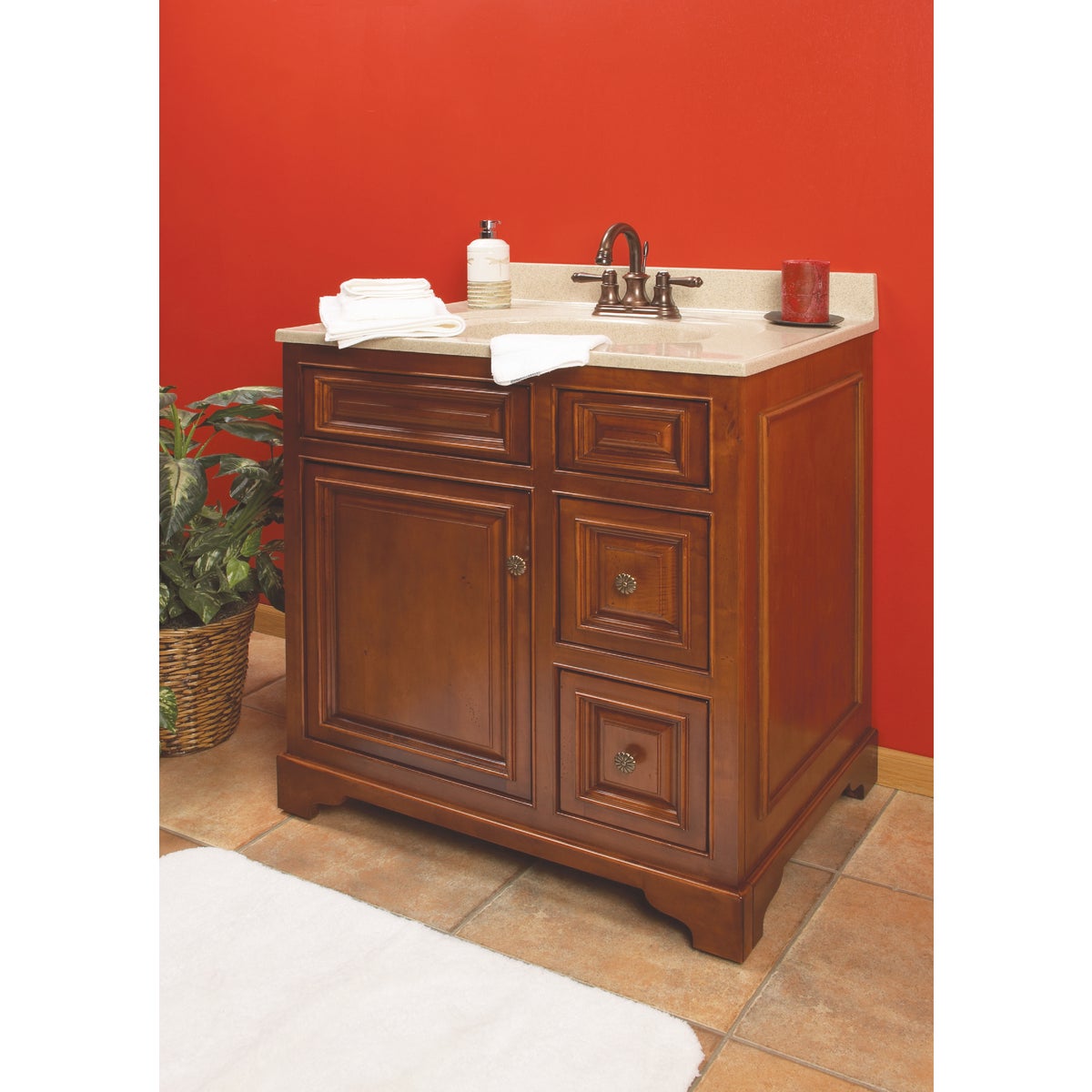 Sunny Wood Cambrian Cherry 30 In. W x 34 In. H x 21-1/2 In. D Vanity Base, 1 Door/2 Drawer