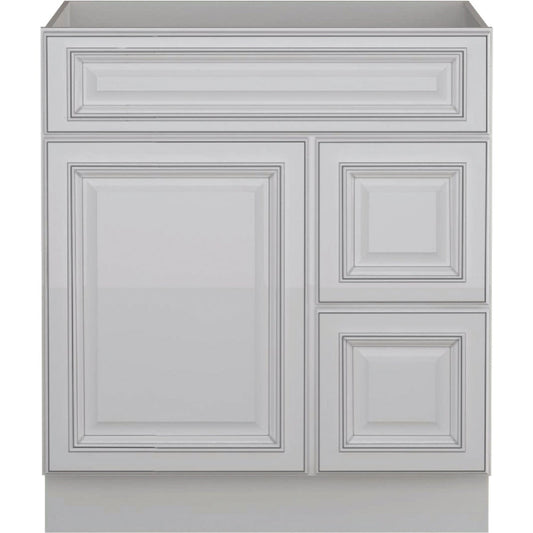 Sunny Wood Riley White with Dover Glaze 30 In. W x 34-1/2 In. H x 21 In. D Vanity Base, 1 Door/RH 2 Drawer