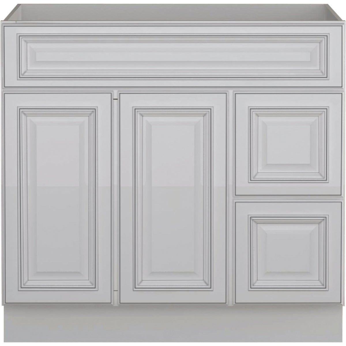 Sunny Wood Riley White with Dover Glaze 36 In. W x 34-1/2 In. H x 21 In. D Vanity Base, 2 Door/RH 2 Drawer