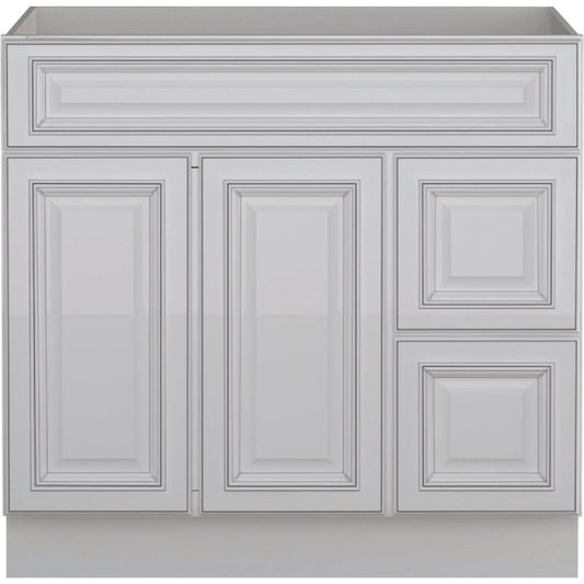 Sunny Wood Riley White with Dover Glaze 36 In. W x 34-1/2 In. H x 21 In. D Vanity Base, 2 Door/RH 2 Drawer