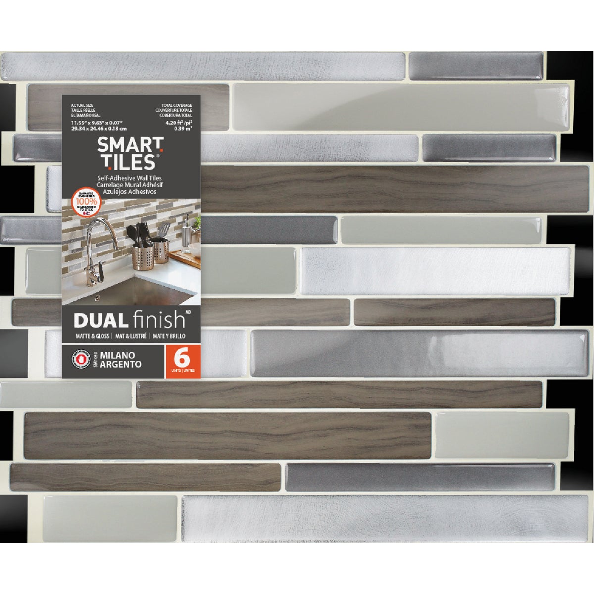 Smart Tiles Approx. 9 In. x 11 In. Glass-Like Vinyl Backsplash Peel & Stick, Milano Argento Mosaic (6-Pack)