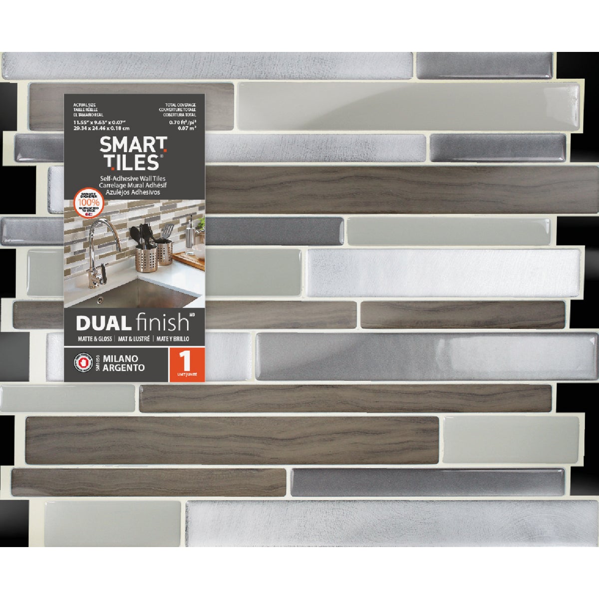 Smart Tiles Approx. 9 In. x 11 In. Glass-Like Vinyl Backsplash Peel & Stick, Milano Argento Mosaic