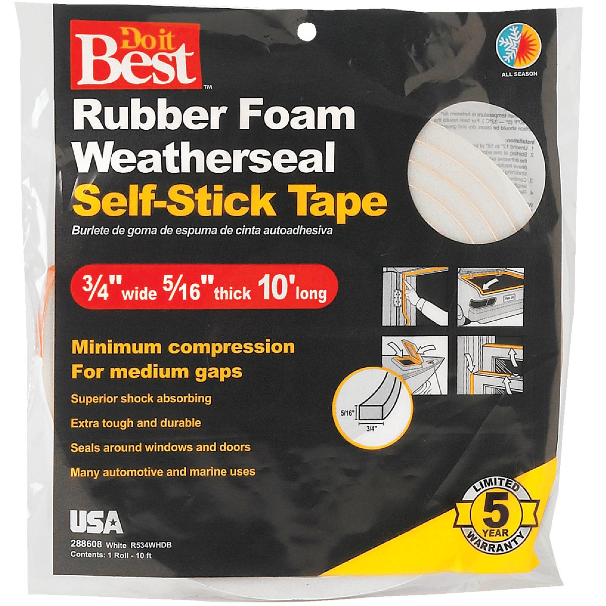 Do it Best 3/4" W x 5/16" T x 10' L White Foam Weatherstrip Tape