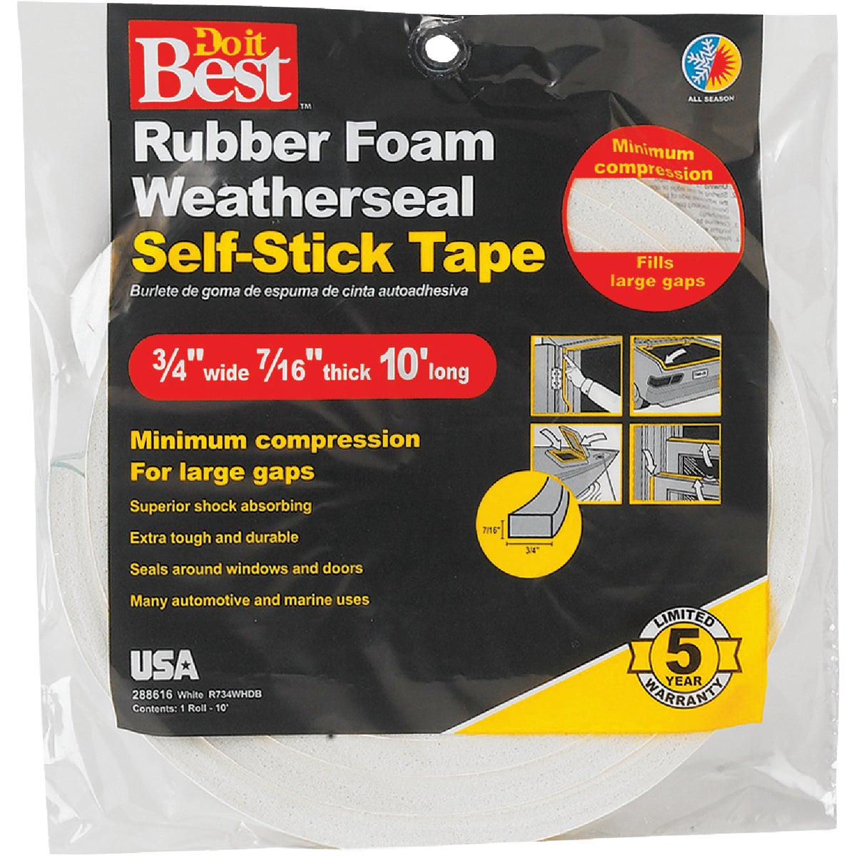 Do it Best 3/4" W x 7/16" T x 10' L White Foam Weatherstrip Tape