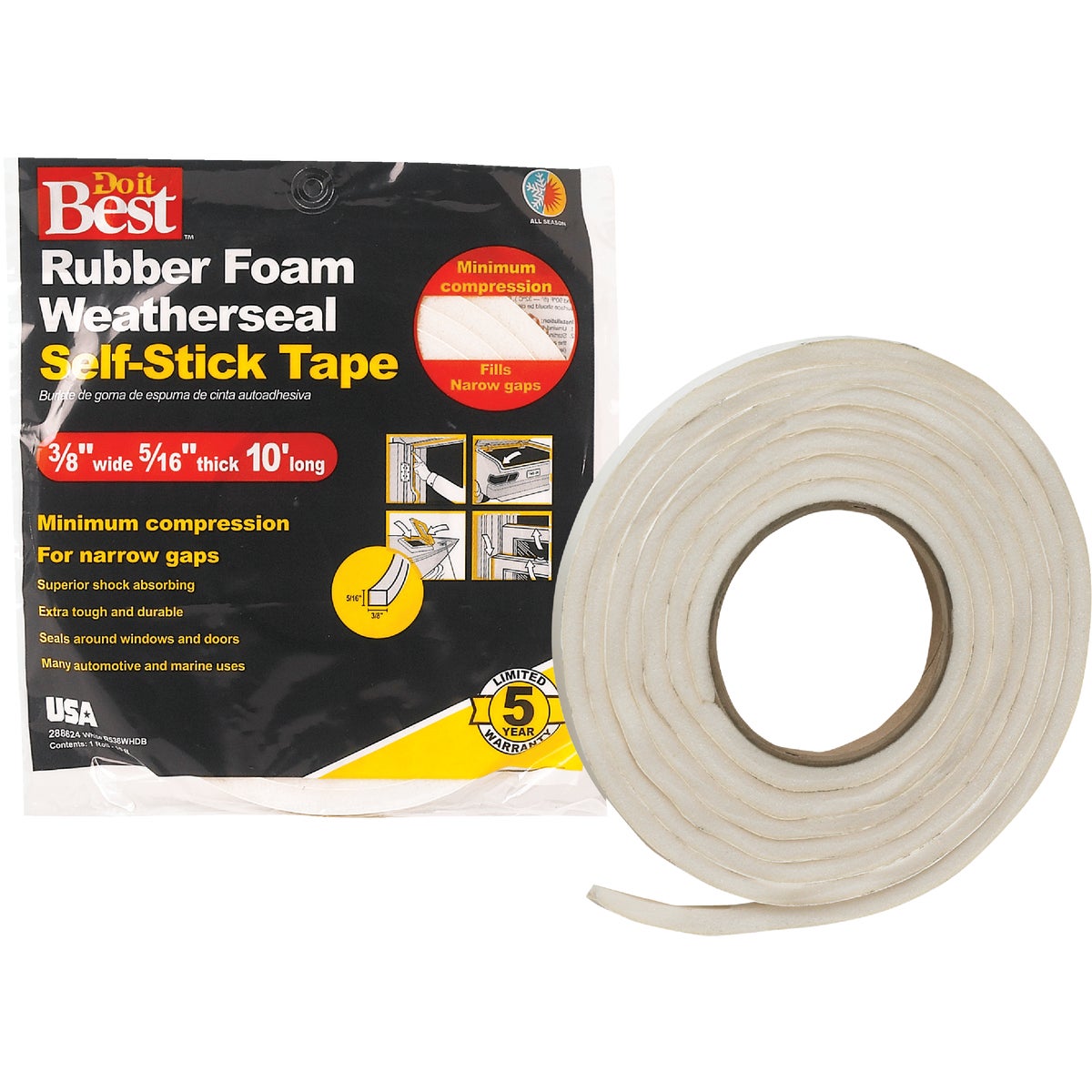 Do it Best 3/8" W x 5/16" T x 10' L White Foam Weatherstrip Tape