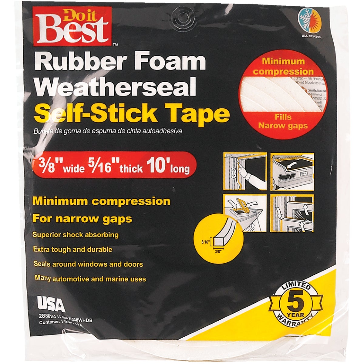 Do it Best 3/8" W x 5/16" T x 10' L White Foam Weatherstrip Tape