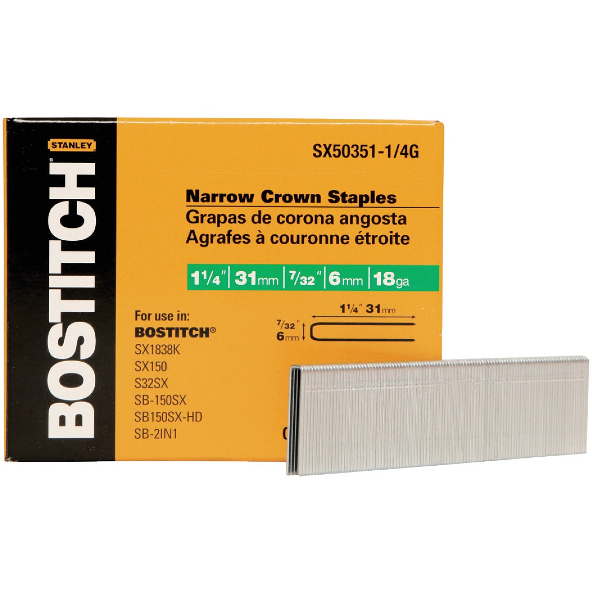 Bostitch 18-Gauge Galvanized Narrow Crown Finish Staple, 7/32 In. x 1-1/4 In. (3000 Ct.)