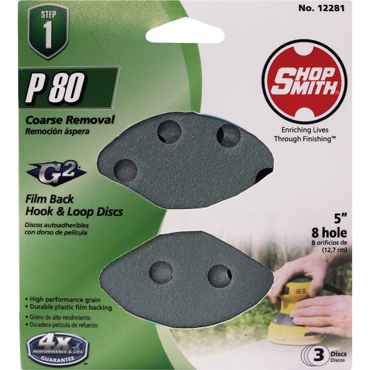 Shop Smith 5 In. 180-Grit 8-Hole Pattern Vented Sanding Disc with Hook & Loop Backing (3-Pack)