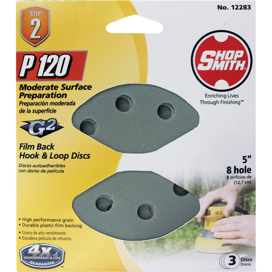 Shop Smith 5 In. 120-Grit 8-Hole Pattern Vented Sanding Disc with Hook & Loop Backing (3-Pack)