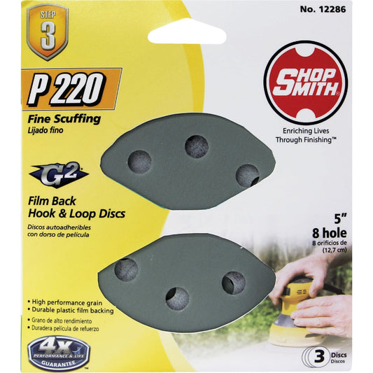 Shop Smith 5 In. 220-Grit 8-Hole Pattern Vented Sanding Disc with Hook & Loop Backing (3-Pack)