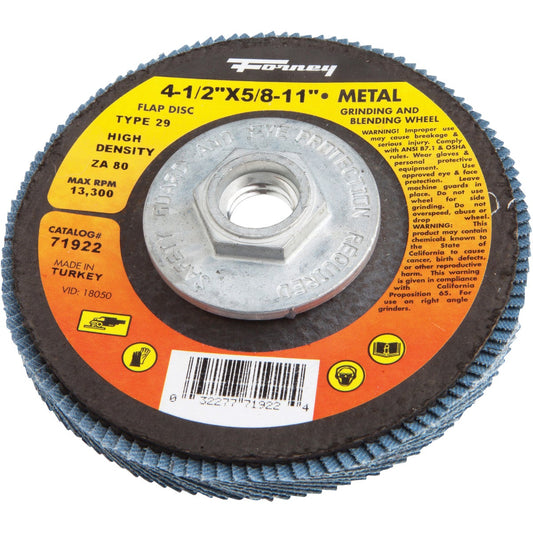 Forney 4-1/2 In. x 5/8 In.-11 80-Grit Type 29 High Density Blue Zirconia Angle Grinder Flap Disc