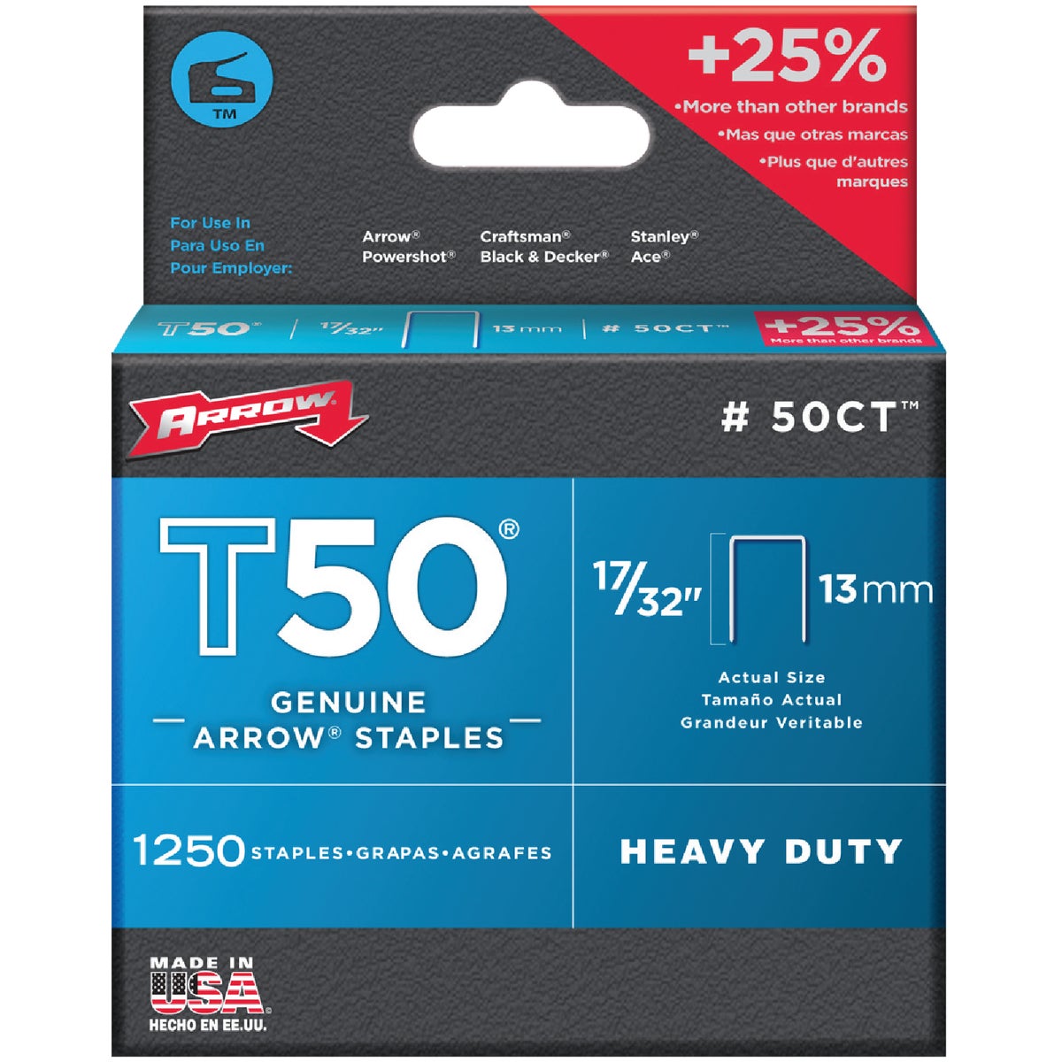 Arrow T50 Heavy-Duty Staple, 17/32 In. (1250-Pack)