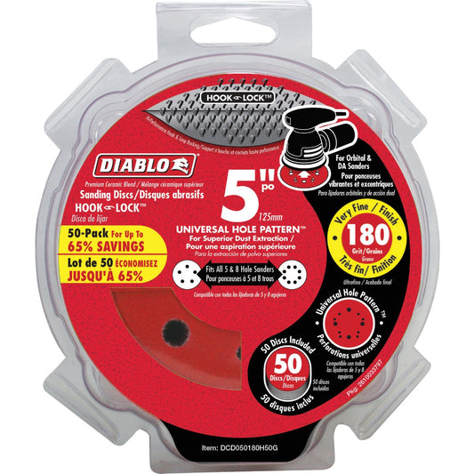 Diablo 5 In. 180-Grit Universal 5-Hole Hook and Lock Vented Sanding Disc (50-Pack)