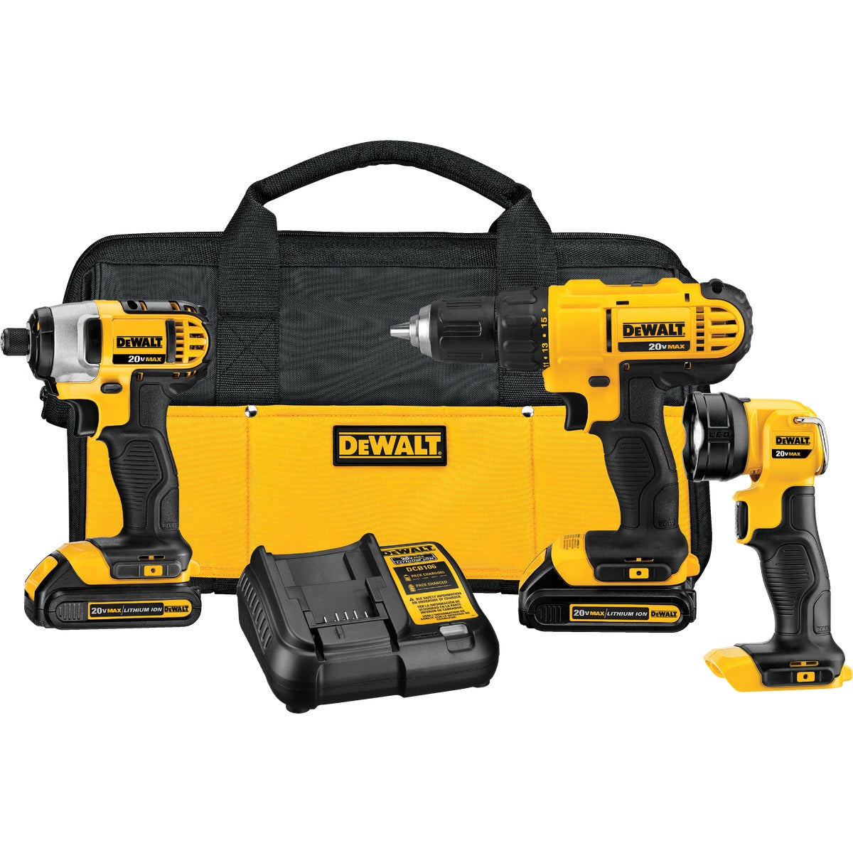 DeWalt 3-Tool 20V MAX Lithium-Ion Drill/Driver, Impact Driver & Work Light Cordless Tool Combo Kit