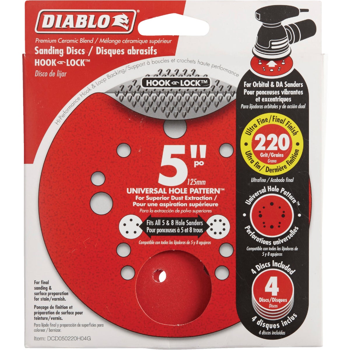 Diablo 5 In. 220-Grit Universal Hole Pattern Vented Sanding Disc with Hook and Lock Backing (4-Pack)