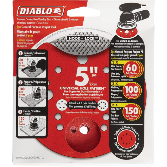 Diablo 5 In. Assorted (60/100/150-Grit) Universal Hole Pattern Vented Sanding Disc with Hook and Lock Backing (7-Pack)