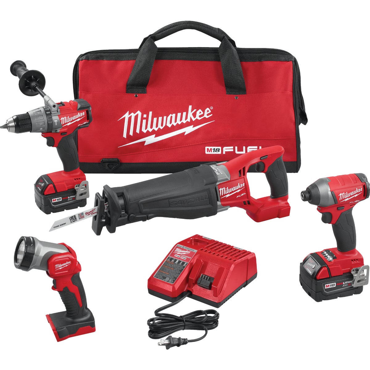 Milwaukee 4-Tool M18 FUEL Lithium-Ion Brushless Hammer Drill, Reciprocating Saw, Impact Driver & Work Light Cordless Tool Combo Kit