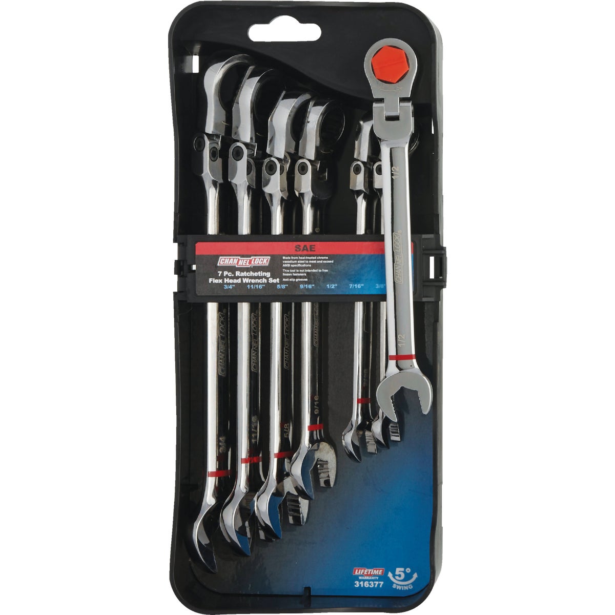 Channellock Standard 12-Point Flex Head Ratcheting Combination Wrench Set (7-Piece)