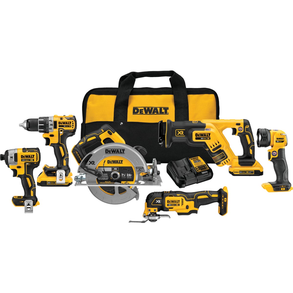 DeWalt 6-Tool 20V MAX XR Lithium-Ion Brushless Compact Drill/Driver, Impact Driver, Circular Saw, Reciprocating Saw, Oscillating Tool & Work Light Cordless Tool Combo Kit