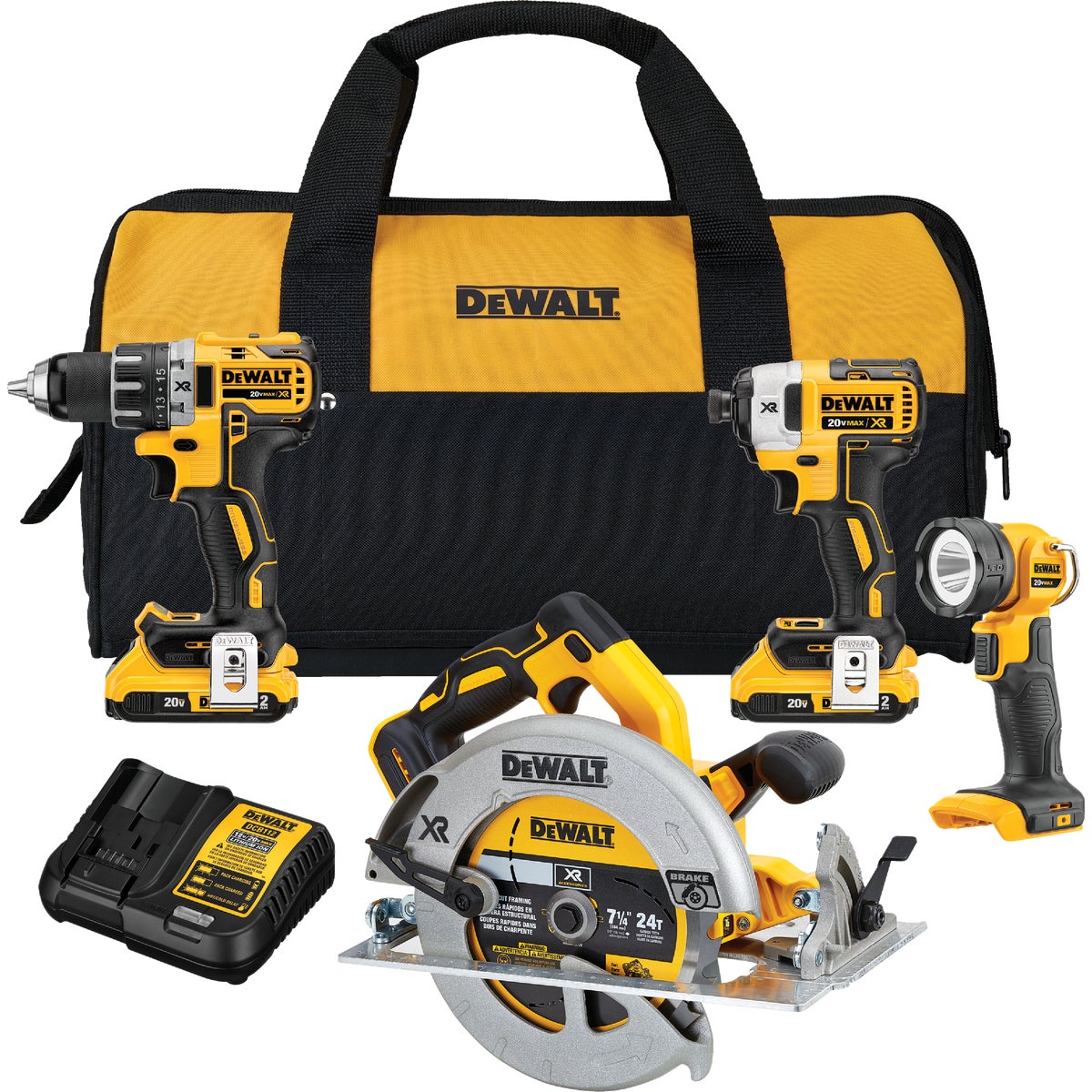 DeWalt 4-Tool 20V MAX XR Lithium-Ion Brushless Compact Drill/Driver, Impact Driver, Circular Saw & Work Light Cordless Tool Combo Kit