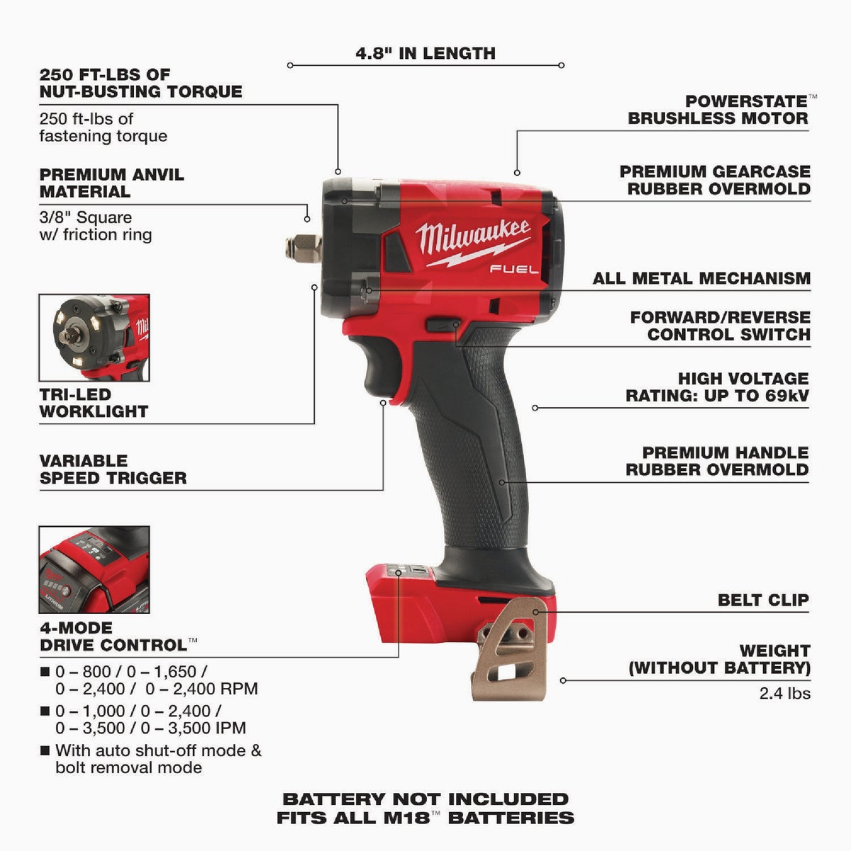 Milwaukee M18 FUEL 18 Volt Lithium-Ion Brushless 3/8 In. Compact Impact Wrench w/Friction Ring (Bare Tool)