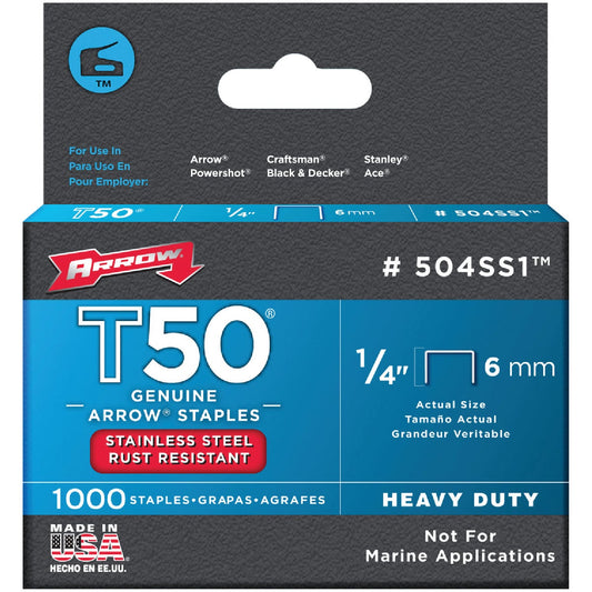 Arrow T50 Heavy-Duty Stainless Steel Staple, 1/4 In. (1000-Pack)