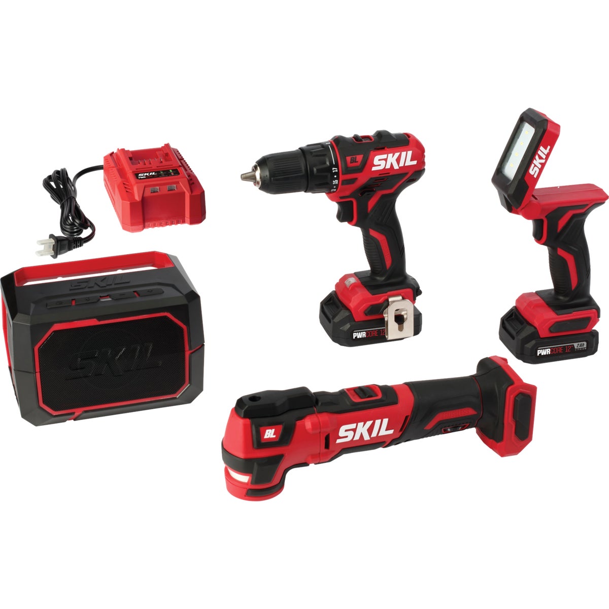 SKIL 4-Tool PWRCore 12 Volt Lithium-Ion Brushless Drill/Driver, Multi-Tool, Area Light & Bluetooth Speaker Cordless Tool Combo