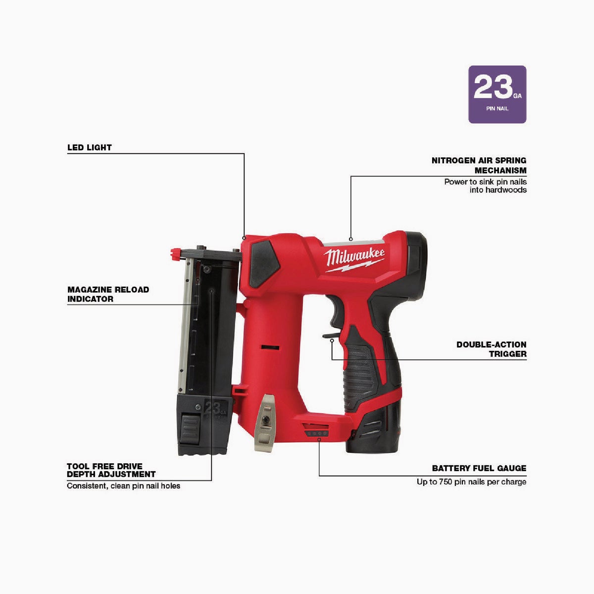 Milwaukee M12 12-Volt Lithium-Ion 23-Gauge Cordless Pin Nailer (Bare Tool)