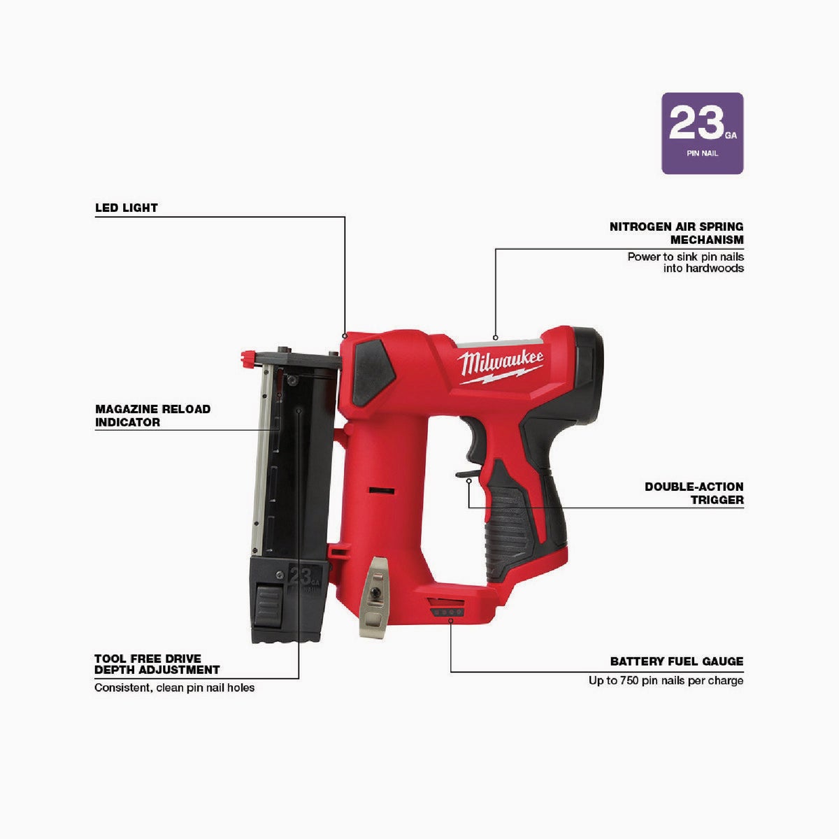 Milwaukee M12 12-Volt Lithium-Ion 23-Gauge Cordless Pin Nailer (Bare Tool)