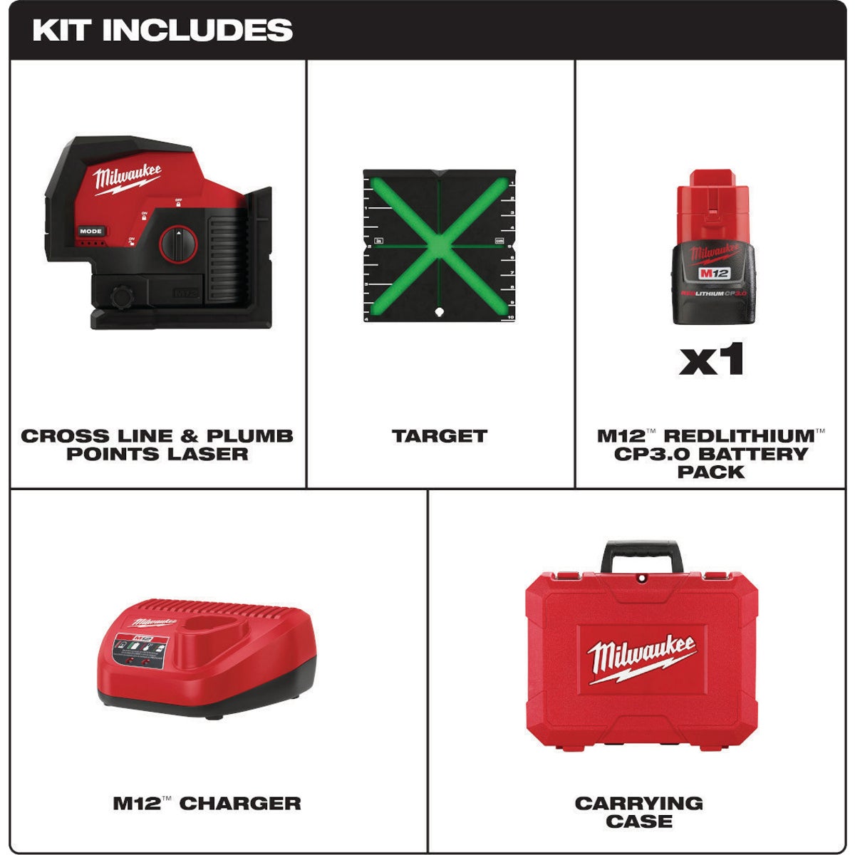 Milwaukee M12 Green Cross Line & Plumb Points Laser Kit