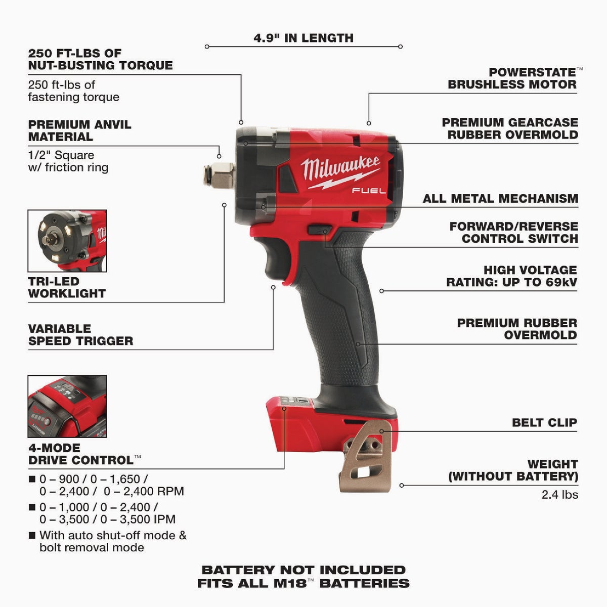 Milwaukee M18 FUEL 18 Volt Lithium-Ion Brushless 1/2 In. Compact Impact Wrench w/Friction Ring (Bare Tool)