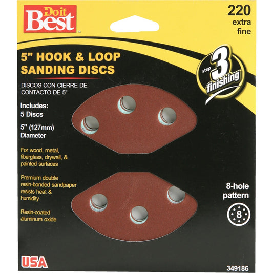 Do it Best 5 In. 220-Grit 8-Hole Pattern Vented Sanding Disc with Hook & Loop Backing (5-Pack)