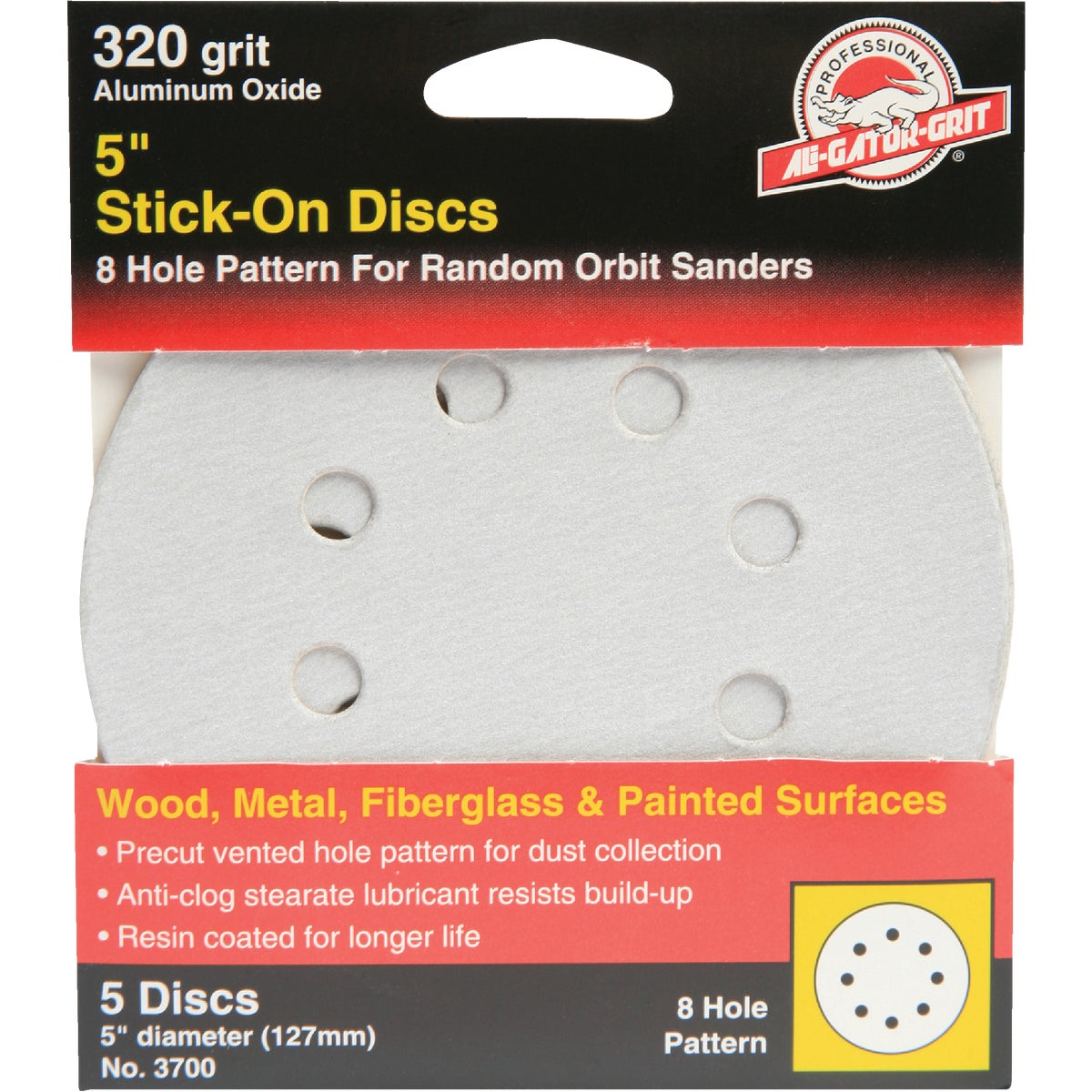 Gator 5 In. 320-Grit 8-Hole Pattern Vented Sanding Disc with Stick-On Backing (5-Pack)