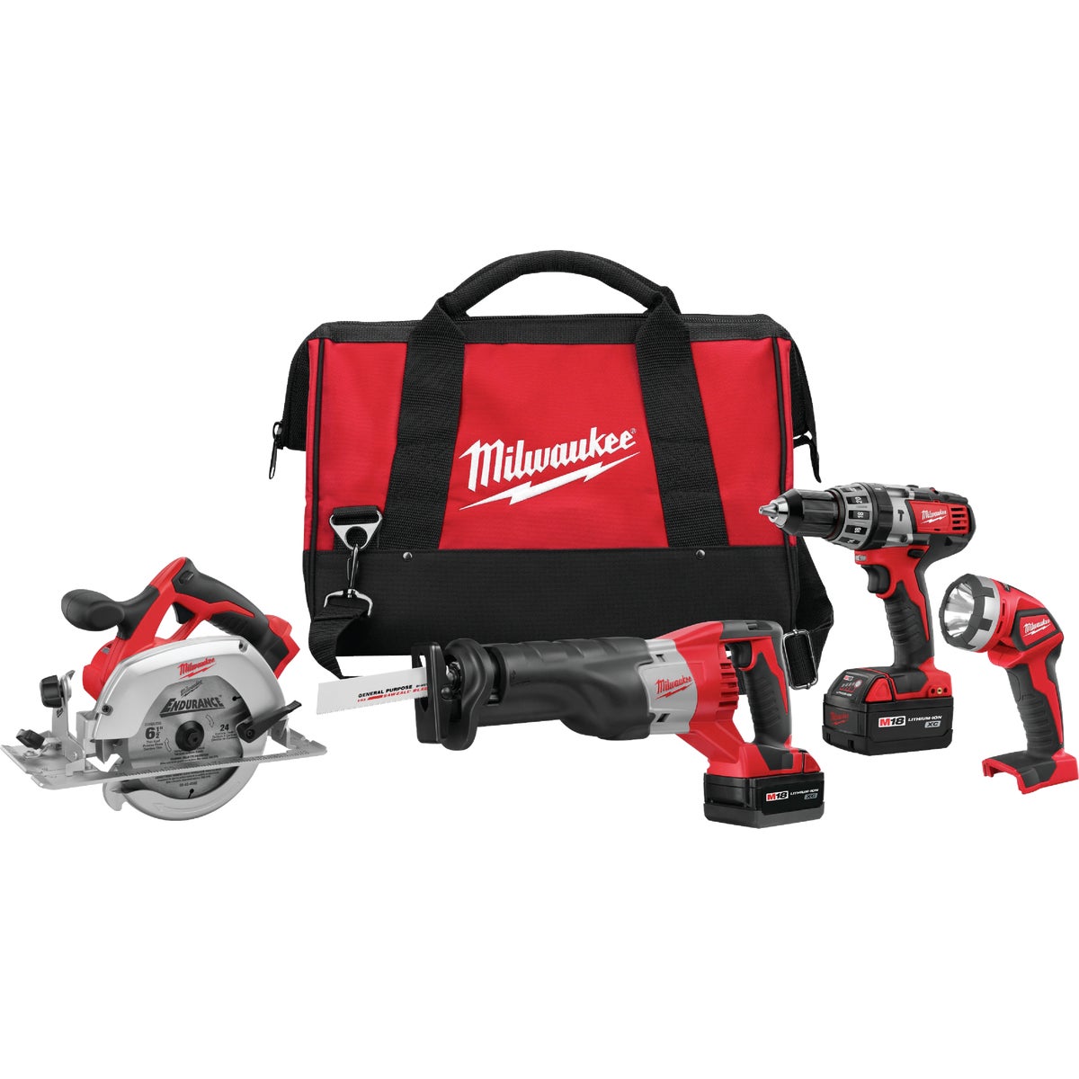 Milwaukee 4-Tool M18 Lithium-Ion Hammer Drill, Reciprocating Saw, Circular Saw & Work Light Cordless Tool Combo Kit