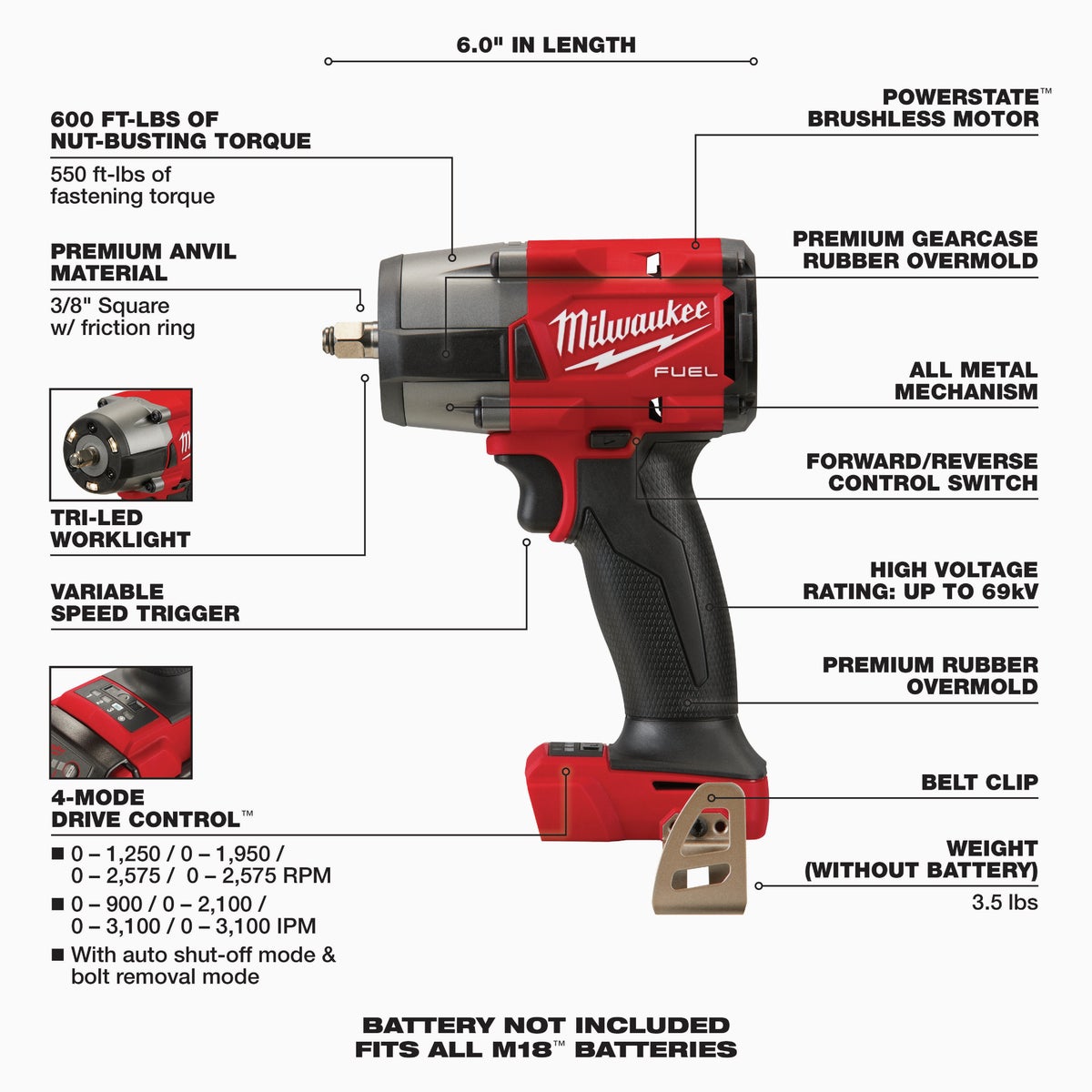 Milwaukee M18 FUEL 18 Volt Lithium-Ion Brushless 3/8 In. Mid-Torque Impact Wrench w/Friction Rings (Bare Tool)